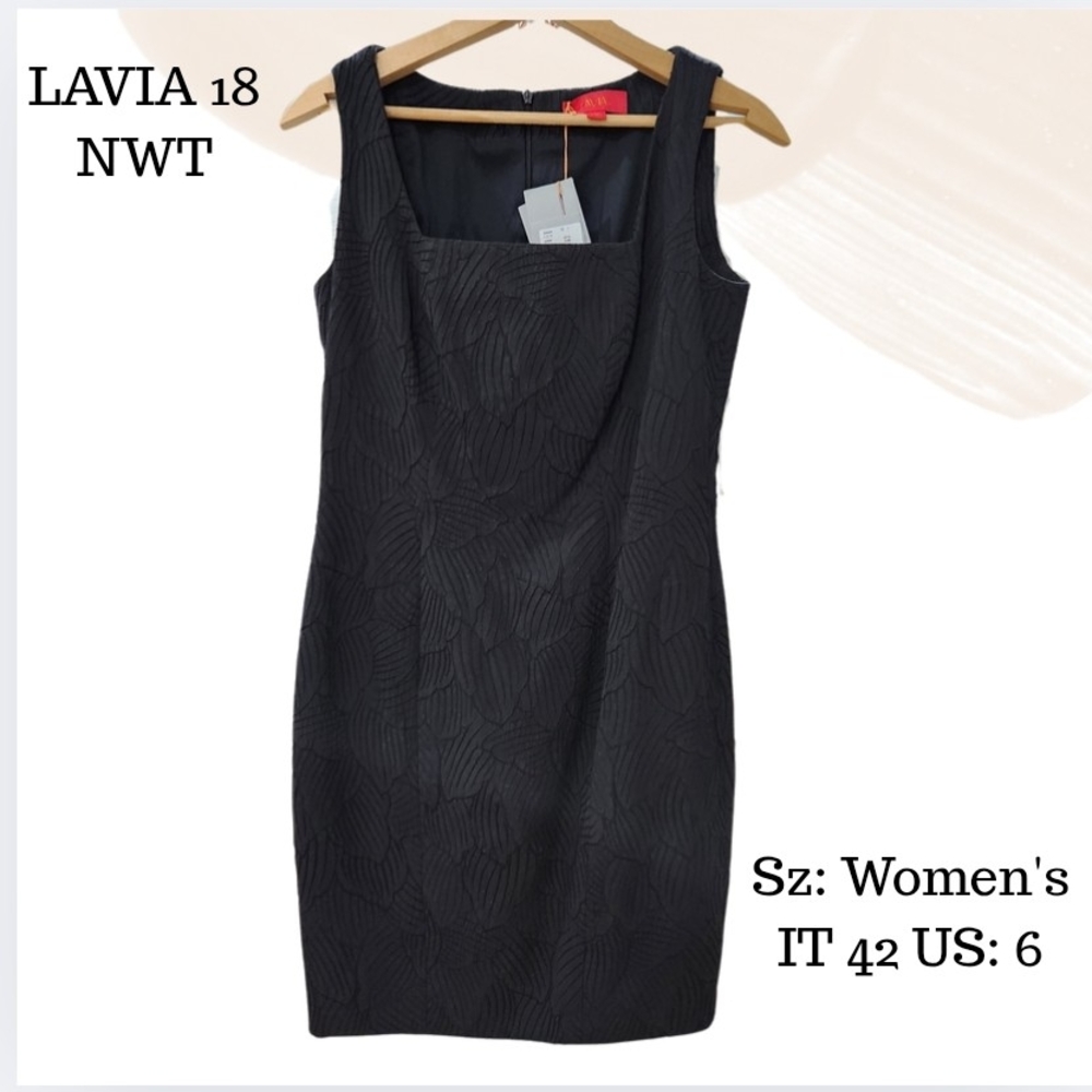 LAVIA18 Italy NWT Black Jacquard Sheath Dress 6 IT 42 Square Neck Textured Flora